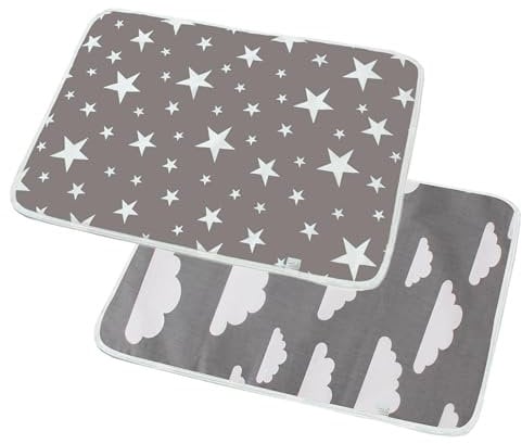 Baby Wickelunterlage 2 Stück, Waschbar Säugling Wickelunterlage für Babys und Kleinkinder, Wasserdicht Atmungsaktiv Wiederverwendbare Wickelauflagen Changing Mat(Sterne + Wolken, 50x70cm)