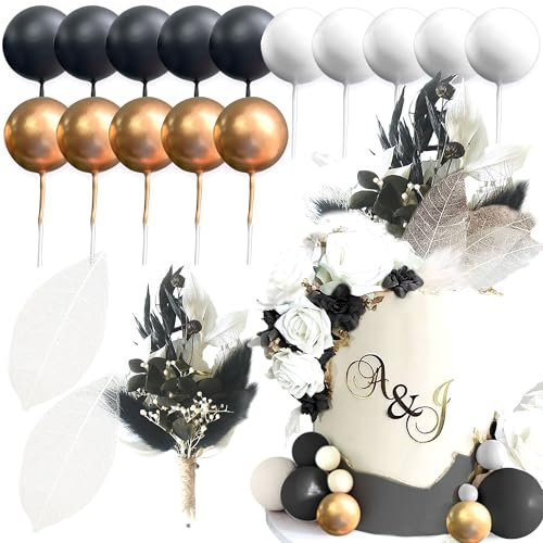 JeVenis Schwarz Gold Tortenaufleger Boho Tortendekorationen Torte Blumen Dekorationen Blumentorte Topper Blume Tortenaufleger für Hochzeit Babydusche Geburtstag Party