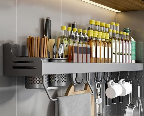 Giural Gewürzregal aus Metall - Küchenregal Gewürzregal Wand - Gewürzregal Hängend - Gewürzregal Ohne Bohren - Spice Rack mit 10 Haken & 2 Hängebecher & Handtuchhalter & Messerhalter,80cm