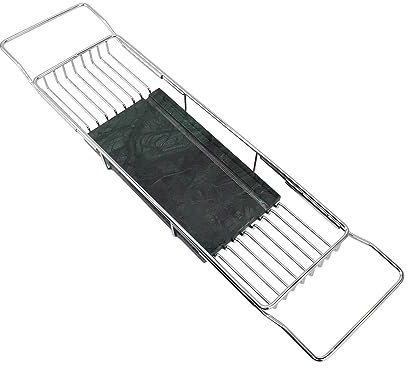 Bandeja de bañera de acero inoxidable con lados extensibles para organización de ducha (plata/verde)