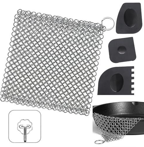 Xiciki Gusseisen Reiniger, Ringreiniger,Gusseisenreiniger aus Edelstahl,Dutch Oven Zubehör, Schrubber aus Gusseisen,Edelstahl Kettenschrubber für Bratpfannen,Gusseisen Pfannen,Töpfe,Grillpfannen,Woks