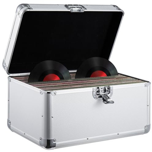 Youyijia 7 LP Vinyl Record Storage Box Case Aluminium Flight Case Lockable DJ Portable Carry Case Holds 200pcs Vinyl Record Albums (Silver)