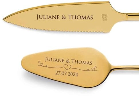 GRAVURZEILE Tortenheber inkl. Tortenmesser mit persönlicher Gravur - Herzen - Geschenk zur Hochzeit - Hochwertiger Edelstahl - Spülmaschinengeeignet - Hochzeitsgeschenke für Brautpaar - Gold