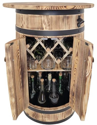 weeco Fassförmiger Schrank aus Kiefernholz mit Ablagefläche und Regal für 30–40 Flaschen – Rustikales Barregal mit Flaschenöffner und klappbarem Flaschenhalter, 80x55x44 cm, braun