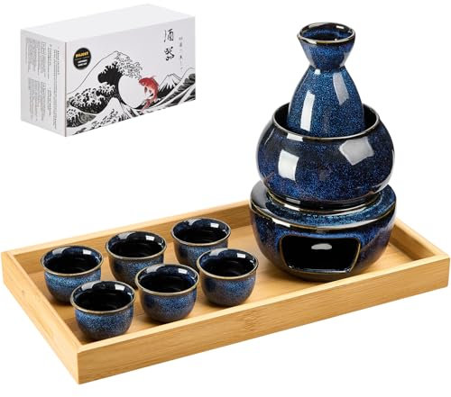 DUJUST 11 pcs Japanese Sake Set for 6, Kiln Altered Glaze Porcelain Sake Set, 6 Cups, 1 Bottle, 1 Warmer, 1 Candle Stove, 1 Tray & 1 Box, Warm Carafe, Special Japanese Gift Set-DarkBlue