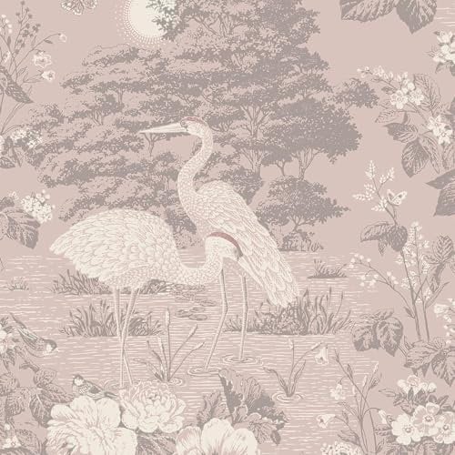 Belgravia Decor Izumi Crane Themed Elegant Oriental Japanese Wallpaper Ideal for Living Rooms, Contemporary Bedrooms, Dining Areas and Restroom Wall Covering in Pink 741