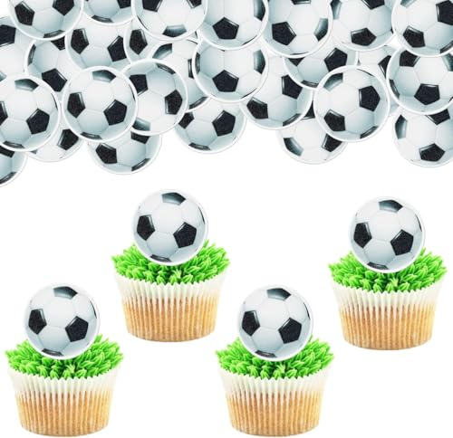 48 Stück Essbar Fußball Tortendeko Waffel Papier Sport Fußball Cupcake Toppers Essbar Fussball Kuchen Deko für Football Thema Geburtstag Party Kuchen Dekorationen Schwarz Weiß