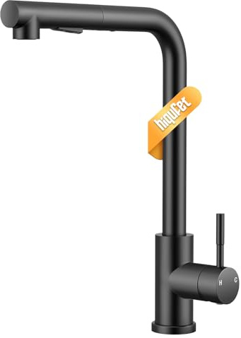 Hiqufet Grifo de Cocina con Arco Alto y Brazo Extraíble, 2 Modos de Pulverización Giratorio 360°, Negro Mate