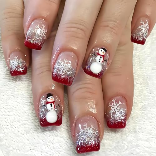 BelleFlair 24 Stück Press on Nails Weihnachten, Kurze Weihnachtsnägel zum Aufkleben mit Glitzer Schneeflocke Design, Künstliche Fingernägel Eckig, Rote French Tips für Frauen Mädchen.