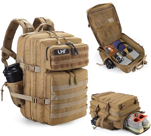 LHI Military Tactical Backpack for Men and Women 45L Large waterproof Rucksack with Shoe Compartment - Khaki