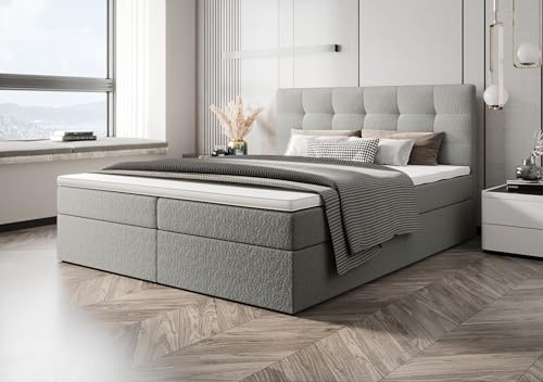 B&B HOME Sagani Boxspringbett mit Bettkasten und Stauraum, Beige, 180x200 cm, Polsterbett mit Aufbewahrung, Modernes Design mit gepolstertem Kopfteil (Grau)