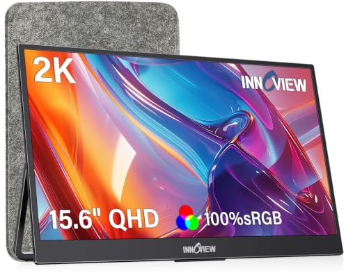 InnoView 2K Tragbarer Monitor 15,6 Zoll QHD 100% sRGB, Eingebauter 180° verstellbarer Ständer Reisemonitor USB C Standard HDMI Ultra-Slim Tragbarer Monitor für Laptop MacBook Telefon PS Xbox Switch