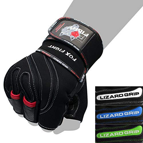 FOX-FIGHT Fitnesshandschuhe Trainingshandschuhe Kraftsport Damen Herren Leder Handschuhe Bodybuilding Sporthandschuhe mit Handgelenkbandage für Krafttraining Gewichtheben (M, schwarz/rot)