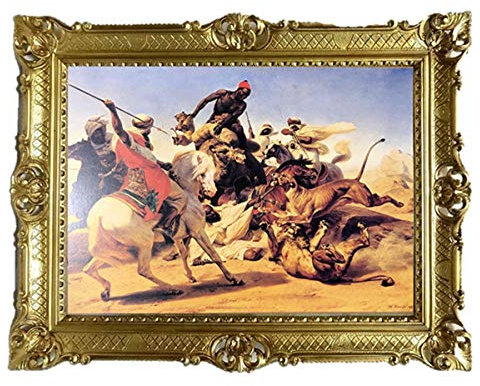 Wandbild 90x70cm Gemälde Hamza der Löwe und Bilal Krieg Orient Oriental orientalische bilder Bild mit Rahmen Kunstdrucke und Gemälde Retro Repro Antik für Cafe Bar Home Büro Praxis 58B
