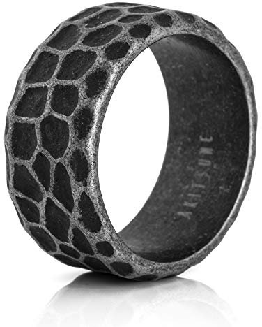Akitsune Terra Ring | Fels Granit Gehämmert Ring Herren Edelstahl Designer Antik-Silber - US 10