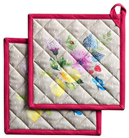 Maison d'Hermine Pot Holders100% Cotton Set of 2 Pot Holders 20cm x 20cm with Loop Heat Resistant Grilling Microwave Barbeque Handling Hot Pans-Gifts for Mothers Day Spring/Summer (Jardin D'Ete - Fog)