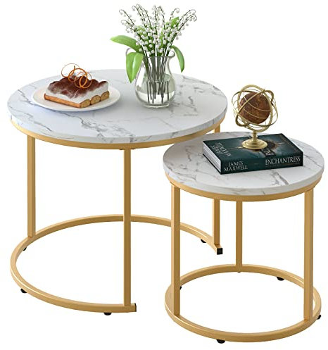 aboxoo Lot de 2 tables basses gigognes blanches avec cadre doré, rondes et motifs marbrées, tables en bois, salon, chambre à coucher, appartement, table de chevet moderne industrielle simple