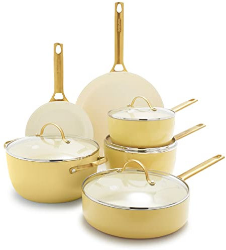 GreenPan Reserve Hard Anodized Healthy Ceramic Nonstick 10 Piece Cookware Pots and Pans Set, Gold Handle, PFAS-Free, Dishwasher Safe, Oven Safe, Sunrise Yellow