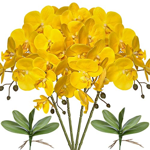 FagusHome 32 pollici fiori artificiali di Phalaenopsis 4 pezzi con 2 fasci di foglie di fiori di orchidea artificiali Piante a stelo per la decorazione domestica (Giallo)