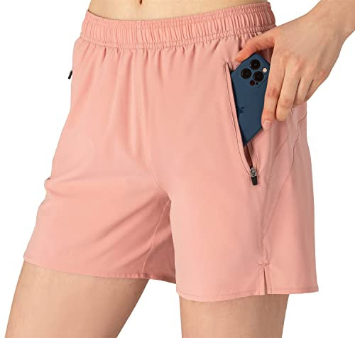 donhobo Damen Sportshorts Laufshorts Kurze Running Sporthose Fitness Training Yoga Gym Shorts mit Reißverschlusstasch (Rosa, L)