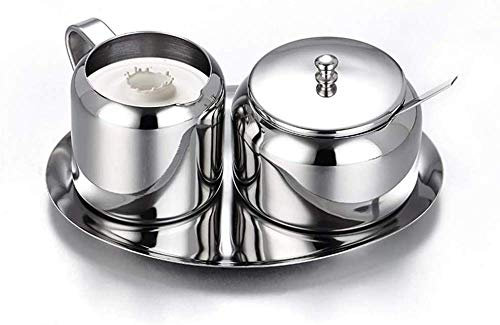 Milch- und Zuckerset Edelstahl-Zuckerdose, kleines Zuckerglas mit Löffel für Zuhause, Küche, Hotel und Cafés, 3 Teile, Silber