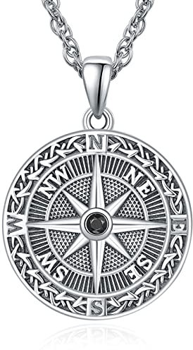 KINGWHYTE Kompass Halskette 925 Sterling Silber Oxidierter Retro Keltischer Schmuck Kompass Geburtstagsgeschenke für Männer Frauen mit schwarzem Lederseil 50 cm, Sterling Silber