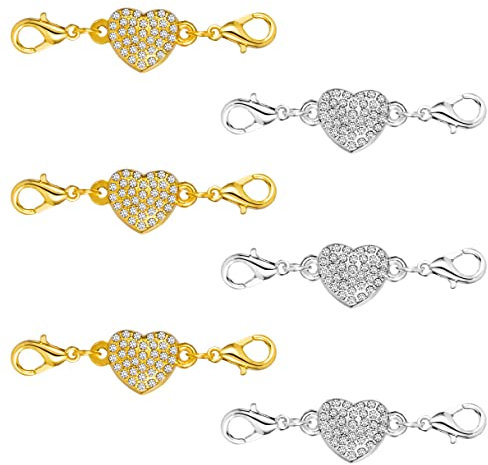 Magnetische Schmuck-Verschlüsse in Herzform Magnet Strass Karabinerverschlüsse Selbstausrichtende Verschlüsse Verbinder für Schmuck Halskette Armband 6 Stück (Silber und Gold)