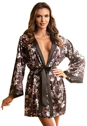 ohyeahlady Peignoir Femme Satin Robes de Chambre Soie Court kimono Col V avec Ceinture Pyjamas(XS-S,Fleur)