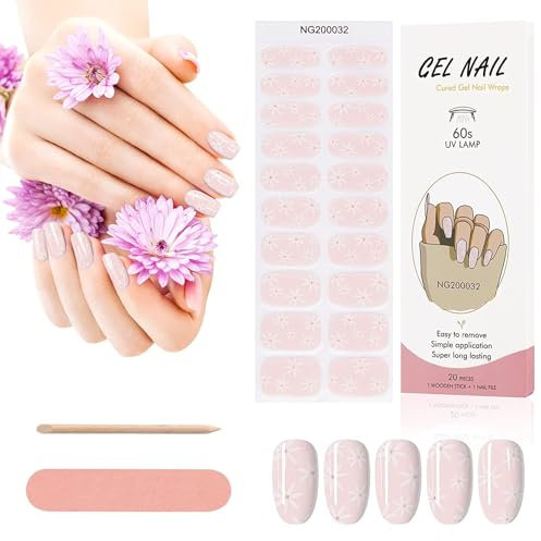 Kalolary 20PCS Gel Nagellack Aufkleber, Nagelsticker Full Wraps Nagelaufkleber UV/LED Lampe Erforderlich Cured Gel Nail Strips mit Nagelfeile und Stick für Frauen Mädchen (Rosa)