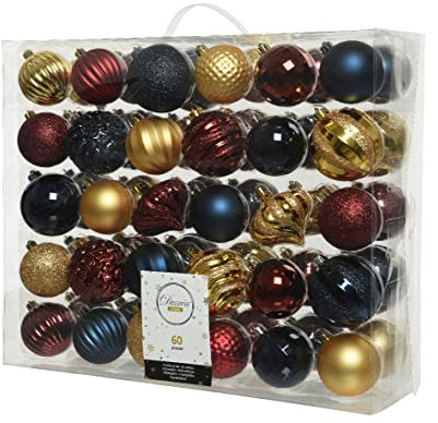 Kaemingk Weihnachtskugeln Kunststoff 6-7cm x 60 Stück Ornamente Mix Christbaumkugeln Set dunkelrot Gold blau