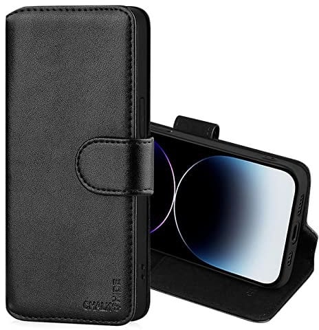 CHALK & HIDE - Real Leather Book Wallet Flip Case Cover For Apple iPhone 14 Pro Max (6.7), Real Leather Design With Card Slot, Magnetic Closure and Built In Stand - Black
