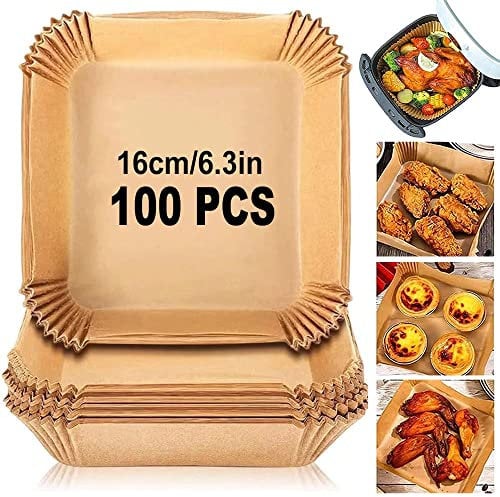 100PCS Air Fryer Disposable Paper Liners, 6.3in Square Non-Stick Baking Parchment Paper, Multipurpose Greaseproof Water-Proof Liners for Air Fryer Accessories, Oven, Microwave