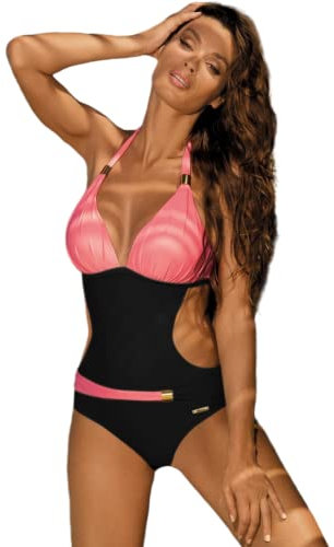 JFAN Damen Badeanzug V Ausschnitt Monokini Bauchkontrolle Bauchweg Einteilige Bademode Farbblock Swimsuit Halfter Rückenfrei Siamese Schwimmanzug Ferien Schwarz S