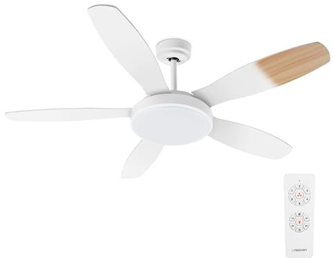 Noaton Deckenventilator mit Beleuchtung Maia, Weiß/Ahorn, Durchmesser 132 cm, DC motor 41W, LED 24W, 3 Farbtemperaturen, Fernbedienung, Luftdurchsatz bis zu 198 m3/min, Verlängerungsstange 15/25 cm
