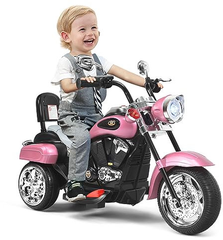 COSTWAY Moto Électrique 6V pour Enfants, Bouton Avant/Arrière, Phare Réglable de Haut en Bas, 3 Roues, Pédales et Dossier, Style de Chopper, Charge Max 30 kg, pour Enfants 3+ (Rose Clair)…