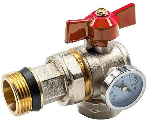 Schwerer 1-Zoll-Winkelkugelhahn mit Verschraubung und Thermometer, roter Flügelgriff