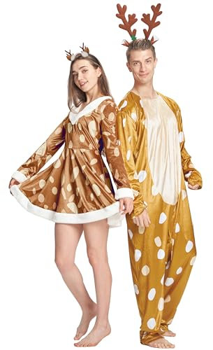 IKALI Erwachsene Hirsch Kostüme Damen Weihnachts Rudolf Rentier Kostüme weihnachten kleidung Outfits Samt Kleid mit Stirnband S, Hirsche Frauen