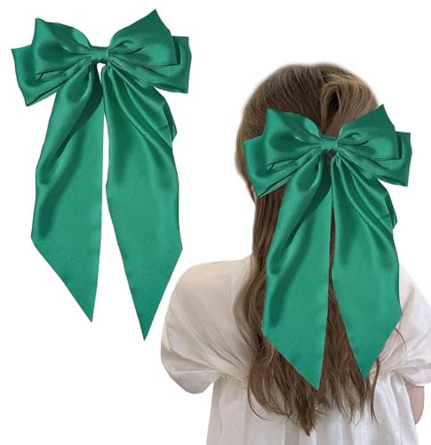 Big Hair Bows for Women - Solid Color Bow Hair Clips with Long Ribbon, French Barrette Clip Soft Satin Silky Bows - Cute Gifts for Women & Girls (Green)