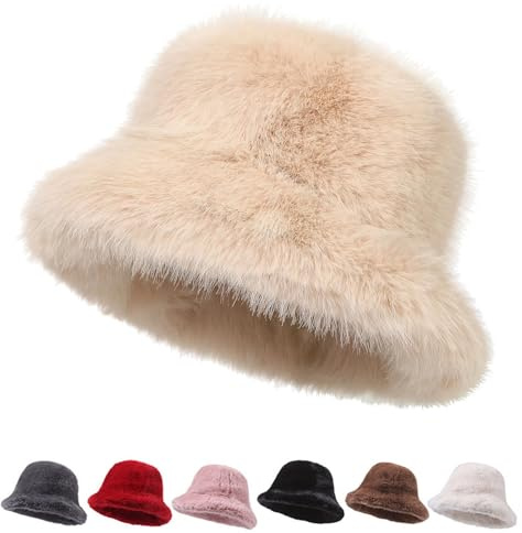 Argumub Pelzige Bucket-Hüte für Frauen Breite Krempe Kunstfell Bucket-Hut Winter-Wärmer Fischermütze, beige, Einheitsgröße