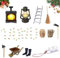 Puppenhaus Miniatur Zubehör Set, Wichtel Zubehör Weihnachten Möbel, Glühender Kamin, Petroleumlampe, Heuhaufen, Hacke, Gummistiefel, Karren, Besen, Brennholz, Licht für 1/12 Puppenhaus (A)