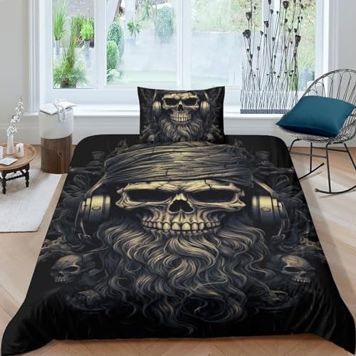 Gothic Skeleton Comfortable Bedding Set Hidden Zipper Skull Duvet Cover Set with Pillowcases Comforter Cover Soft Microfiber Quilt Cover Set Various Sizes Single(135x200cm)
