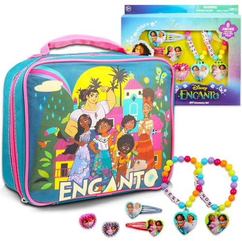 Disney Encanto - Juego de regalo para niñas, paquete con bolsa de almuerzo Encanto más juego de accesorios Encanto con pulseras, pinzas para el pelo y anillos | Regalos de cumpleaños de Encanto