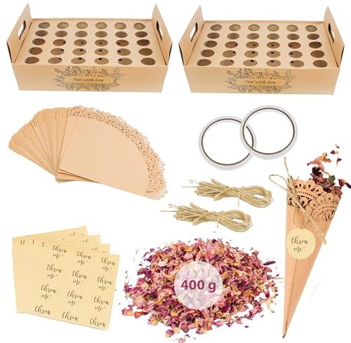 CULTIVEA® Caja de 60 Conos artesanales con pétalos de Rosa Secos Naturales - Decoración de Estilo campestre para Bodas, bautizos, cumpleaños, comuniones - para Flores, almendras garrapiñadas, arroz