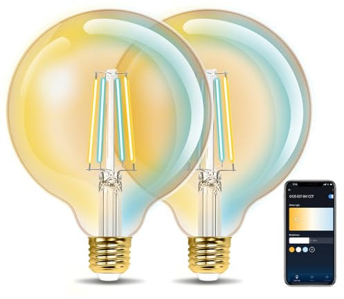 Aigostar Smart LED Glühbirne E27, 6W Vintage Glühbirnen, G125 Bernstein Globe, 806LM Warmweiß Dimmbar 2700K -6500K, Kompatibel mit Alexa und Google Home, Kein Hub erforderlich, 2.4GHz WiFi, 2 Stücke