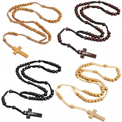 Kuesn 4 Pcs Wooden Beads Rosary Necklaces Handmade Rosaries Wood Rosary Necklaces Beads Christ Jesus Imprint Cross Religious Accessories Christian Prayer Necklaces