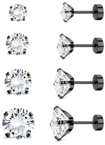 Orecchini Uomo Donna con Zirconia Cubica,4 Paia di Set Orecchini a Bottone in Acciaio al Titanio Anallergici Nero Orecchino per Donna Uomo Ragazza Gioielli Set, 2/3/4/5 mm