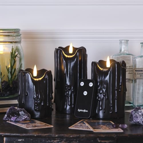 Lights4fun Set of 3 TruGlow® Battery LED Flameless Pillar Candles Heavy Dripping Black Real Wax with Timer and Remote Control Indoor Use