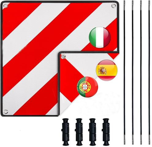 WISCRAFTER Warntafel Italien Spanien und Portugal Fahrradträger,3 In 1 Alu Reflektierend Warnschild(50 x 50 cm) mit 4X Spannseile,Zertifizierte für Fahrradträger Heckträger & Auto Wohnmobil