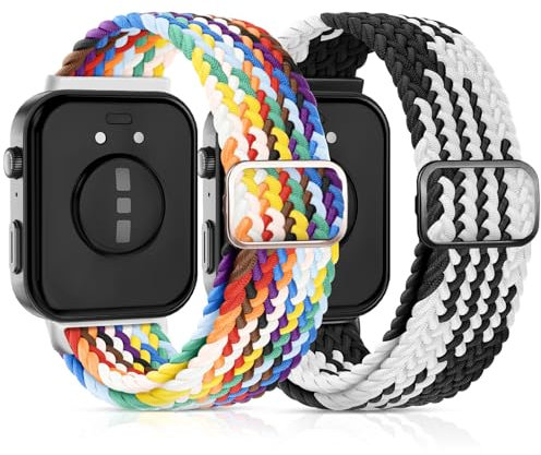 2-Stück Geflochtenes Bänder Kompatibel mit Huawei Watch Fit 4/4 Pro/Fit 3 Armband, Elastisch Nylon Armbänder Zubehör Weiches Stoff Uhrenarmband für Damen Herren,Regenbogen+Schwarzweiß