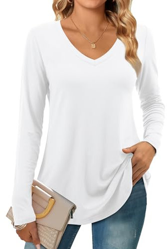 Beluring T-Shirt für Damen Elegant Langarm Oberteile V Ausschnitt Basisch Lang Tunika Shirt Weiß L